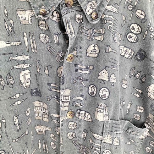 コールマン COLEMAN 総柄 魚 釣り竿 キャンプ 1ポケット B.D S/S コットン シャツ メンズ import:L